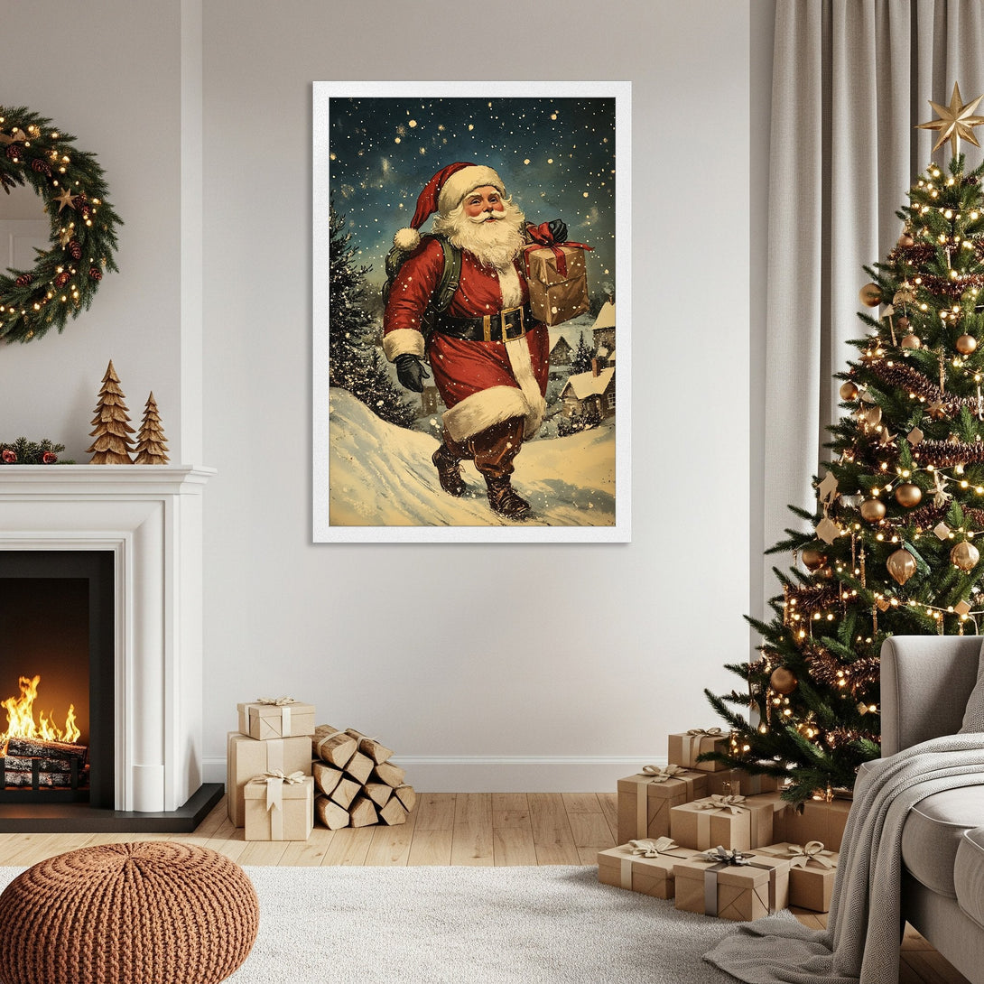 Framed Poster featuring Santa Claus in vintage style, with a warm red and snowy blue color palette, perfect for Christmas decor.