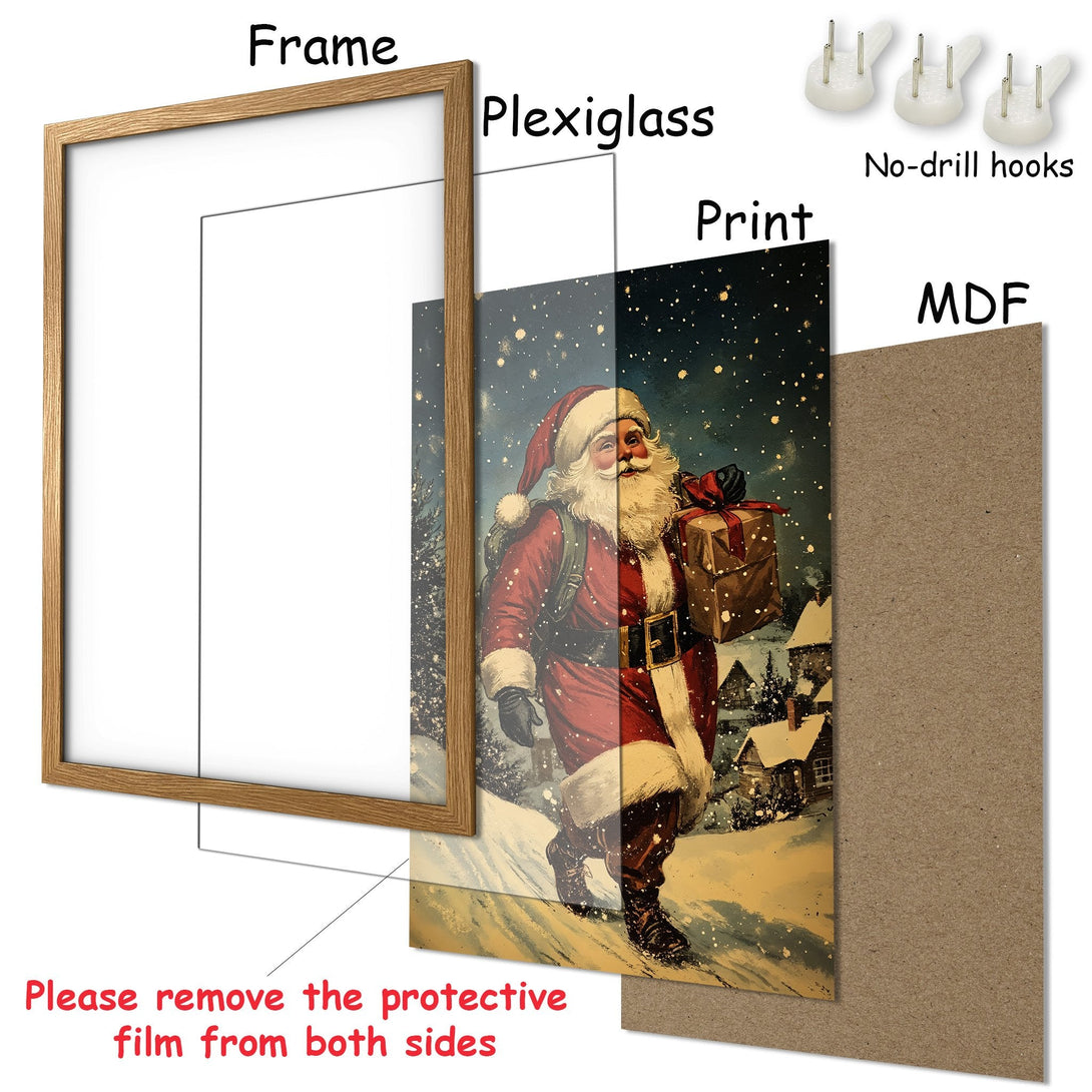 Framed Poster featuring Santa Claus in a vintage style, warm color palette. Perfect Christmas decor!