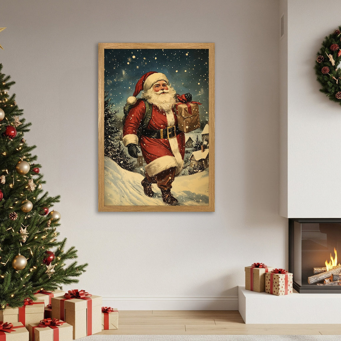 Framed Poster featuring Santa Claus in a vintage style, with a warm, festive color palette. Perfect Christmas decor!