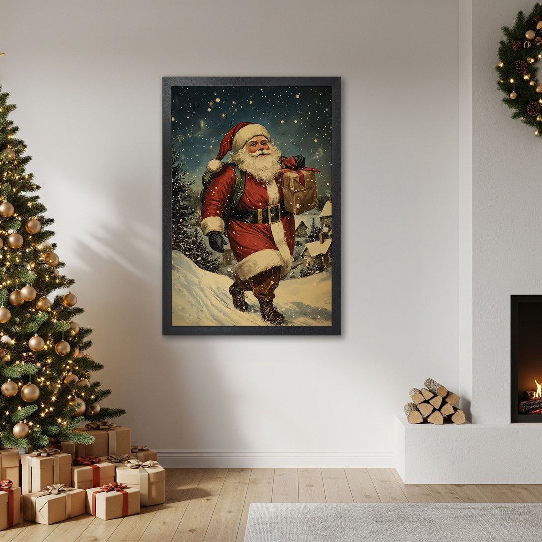 Framed Poster featuring Santa Claus in a vintage style, with a red, white, and blue color palette, perfect for Christmas decor.
