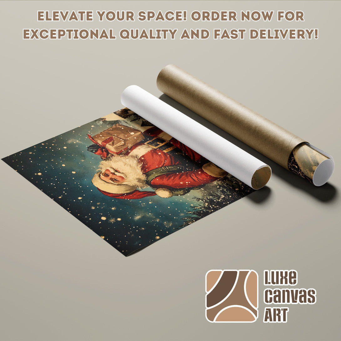 Vintage Santa Claus Poster Roll, festive art with deep blue and red tones, perfect for Christmas decor.