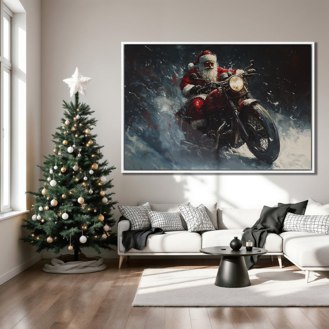 Framed Wall Art: Santa Claus on a motorcycle, a festive Christmas scene. Bold red, blue, and black color palette. Perfect holiday decor for your home.