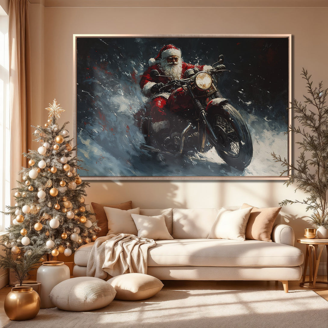 Framed Wall Art: Santa Claus on a motorcycle in a dynamic, painterly style. Red, blue, and white hues create a festive, action-packed scene. Perfect for holiday decor!