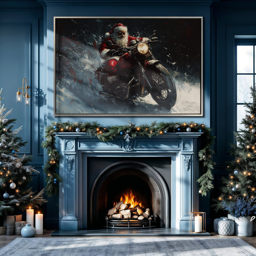Framed Wall Art: Santa on a motorcycle, abstract style, red and blue color palette, displayed above a fireplace in a cozy Christmas interior.