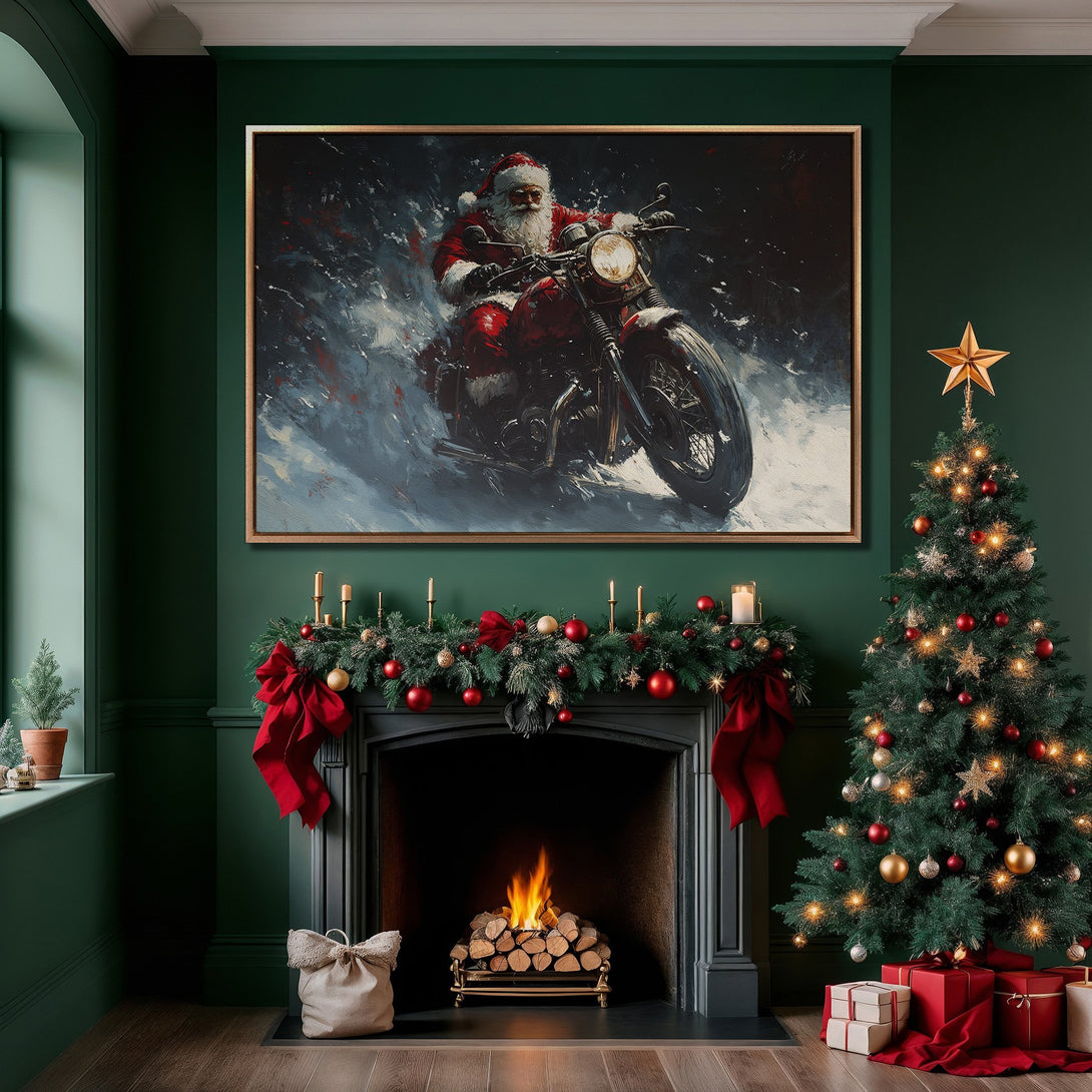 Framed Wall Art: Santa Claus on a motorcycle, festive painting with a red and blue color palette. Perfect Christmas decor for a cozy interior.