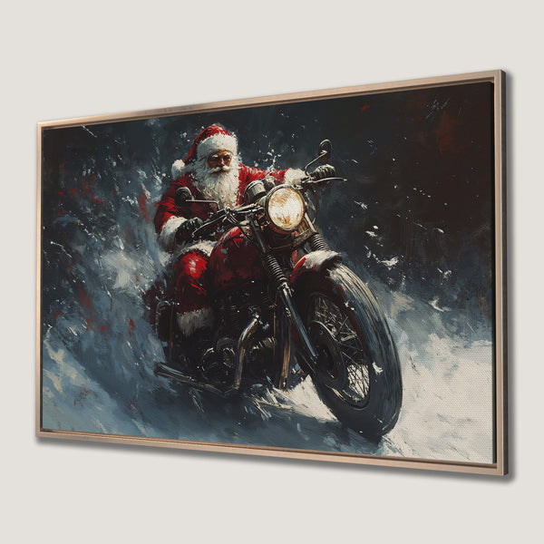 Framed Wall Art: Santa on a motorcycle, vibrant red and blue tones. Perfect Christmas decor! Unique, artistic canvas print.