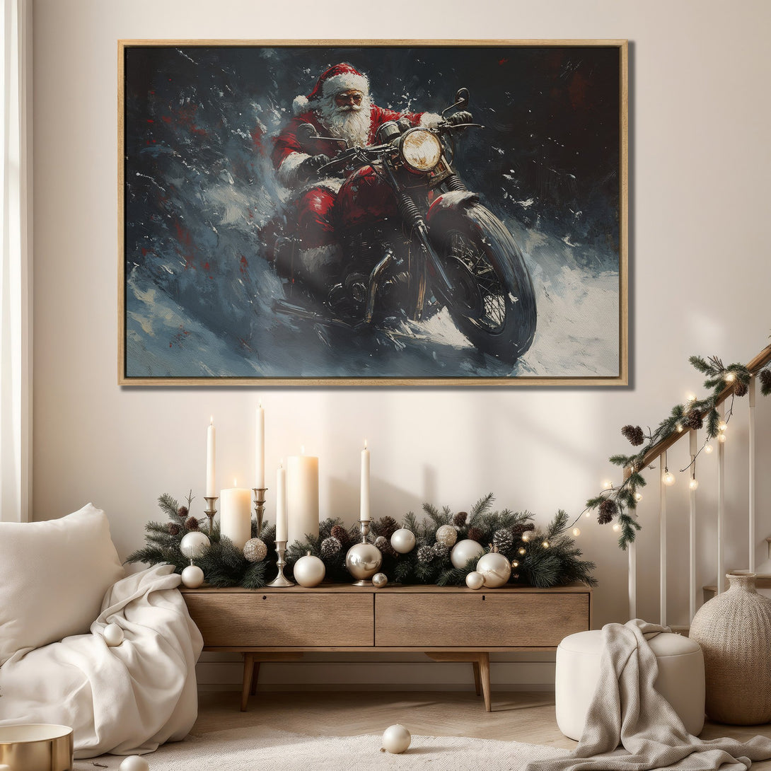 Framed Wall Art: Santa Claus on a motorcycle, bold brushstroke style. Red and blue color palette. Perfect Christmas decor for your home!