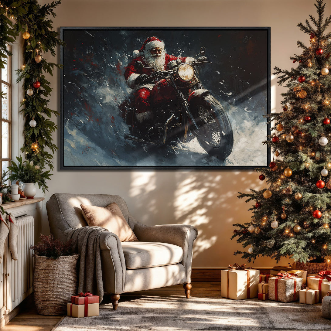 Framed Wall Art of Santa Claus riding a motorcycle in a winter scene. Artistic style with red, blue, and white color palette. Perfect Christmas decor.