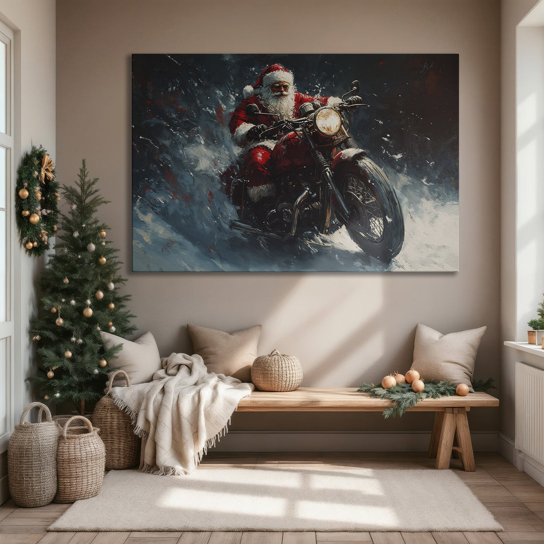 Framed Wall Art: Santa Claus on a motorcycle, abstract style, red and blue color palette. Perfect Christmas decor for a modern home!