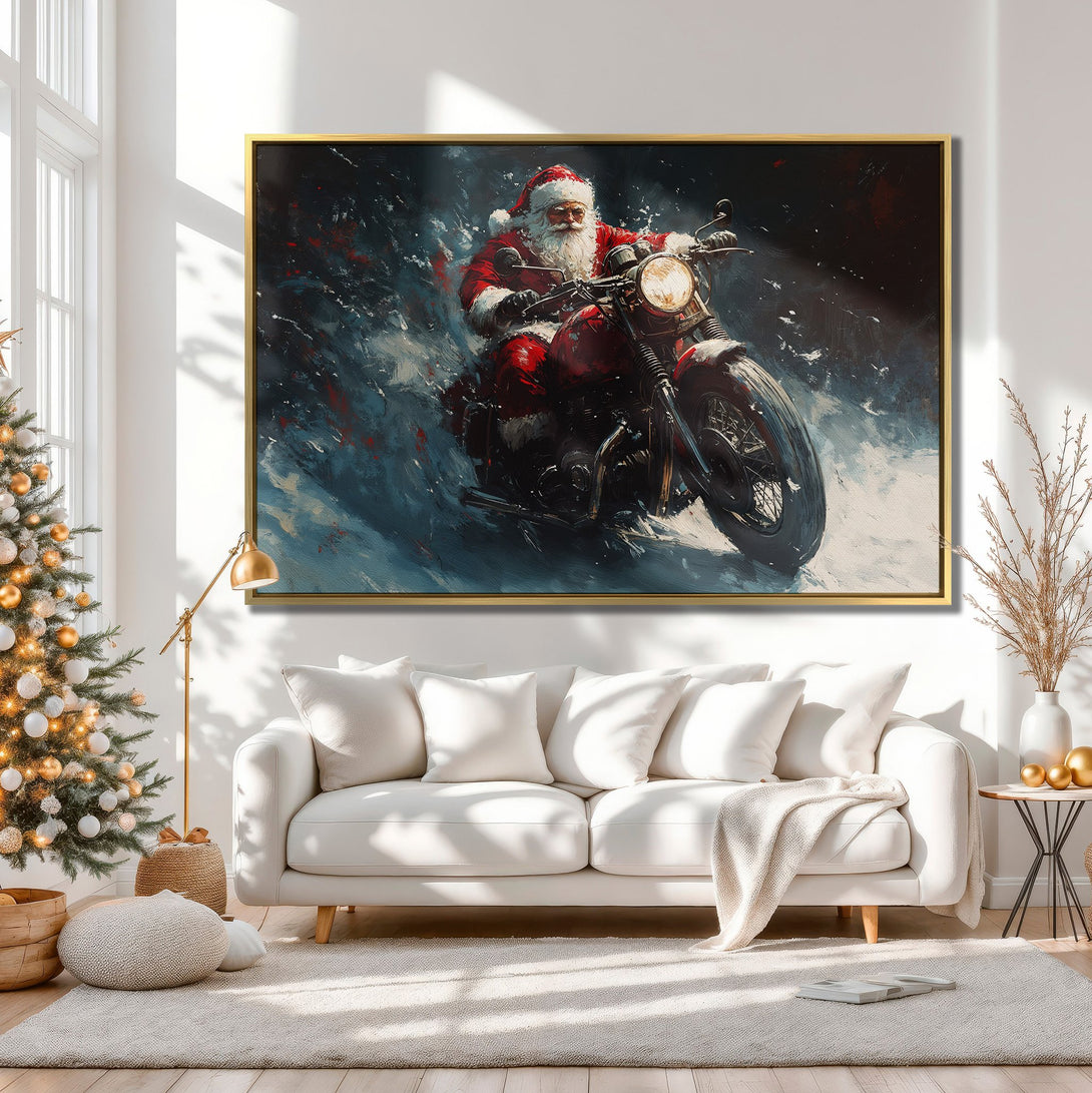 Canvas Print of Santa Claus on a motorcycle, a bold and festive artwork in red, blue, and white hues, perfect for Christmas decor.