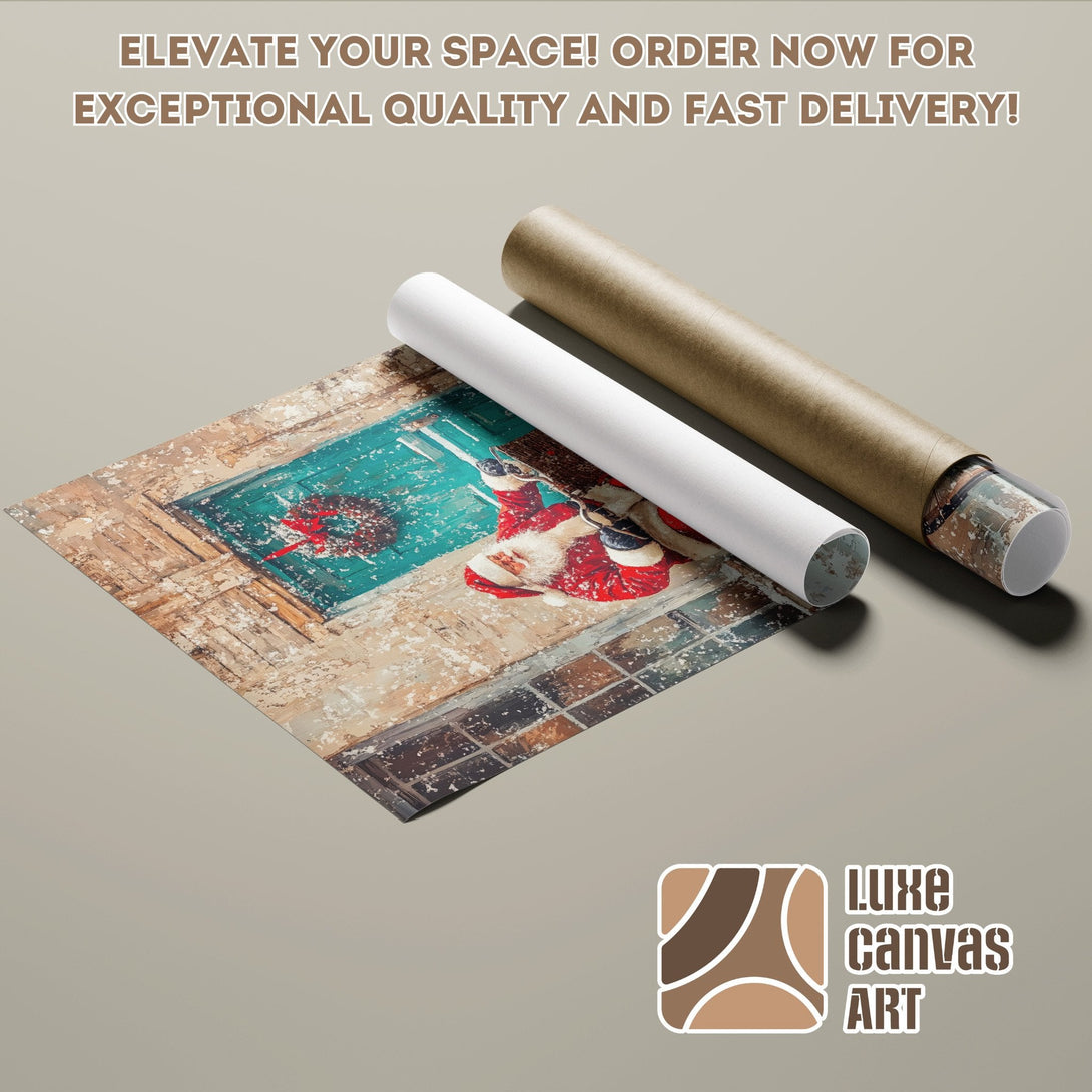 Poster Roll featuring Santa Claus on a door, rustic style, warm color palette. Order now!
