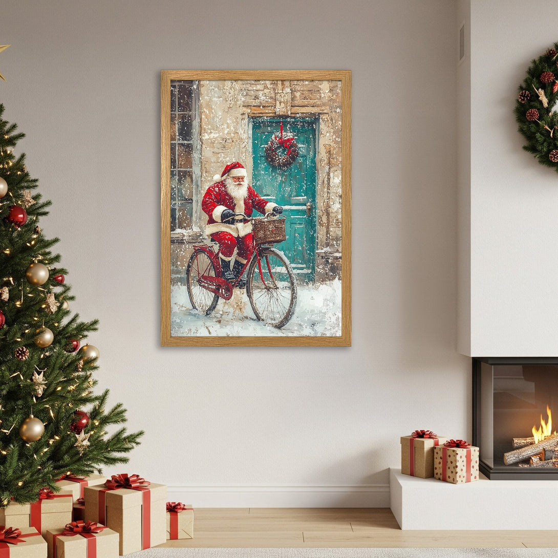 Framed Poster featuring Santa on a bike, festive winter scene. Rustic style with red, teal, and neutral tones. Perfect Christmas decor!