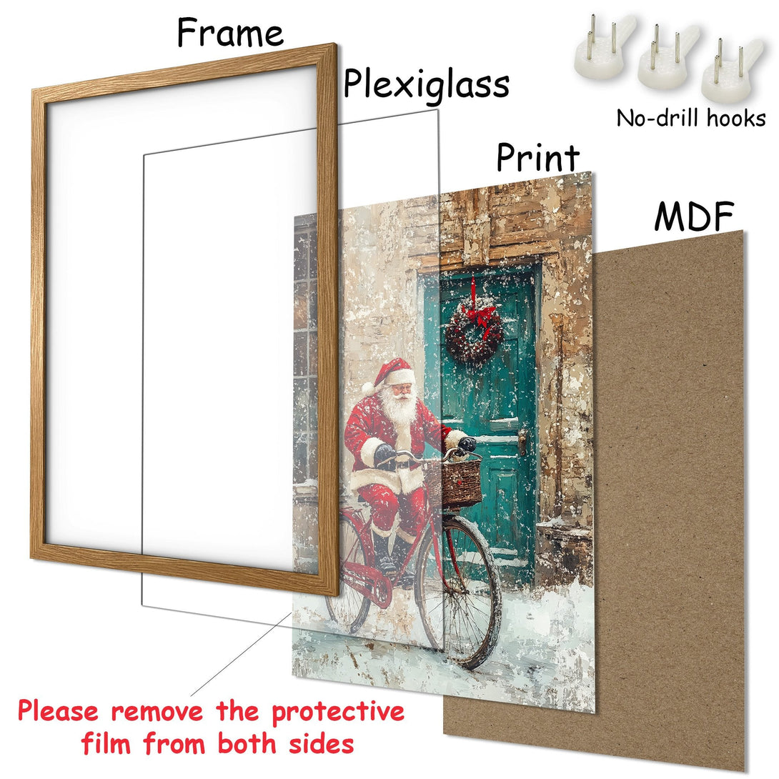 Framed Poster featuring Santa on a bike, winter scene. Warm colors with a touch of teal. Perfect Christmas decor!