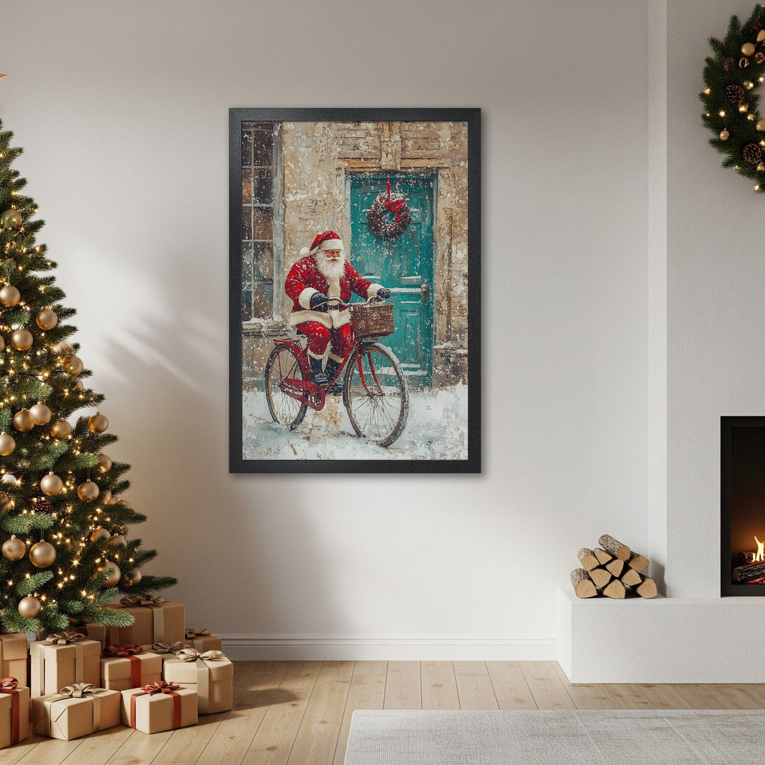 Framed Poster featuring Santa Claus on a bike, vintage style, with red, teal, and neutral tones. Perfect Christmas decor!