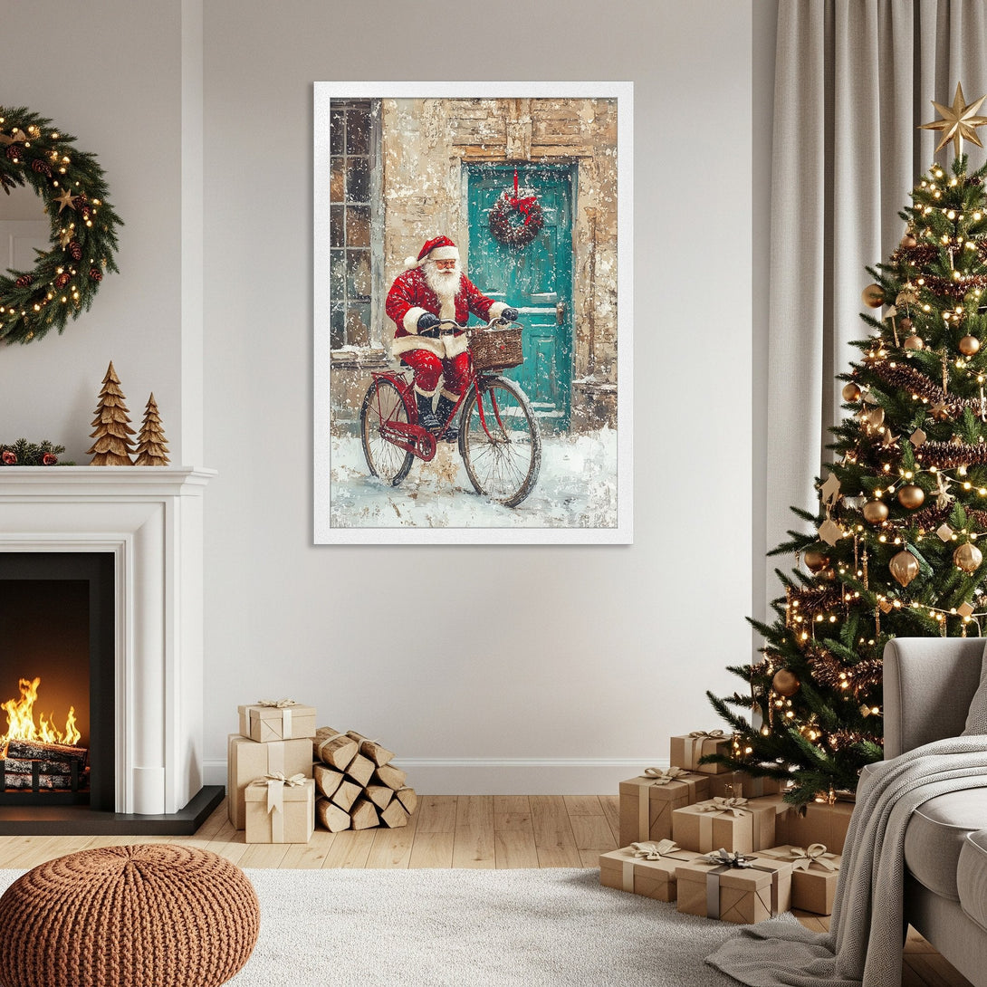 Framed Poster featuring Santa on a bike in a snowy scene. Festive art in a warm, inviting style with red, teal, and neutral tones. Perfect Christmas decor!