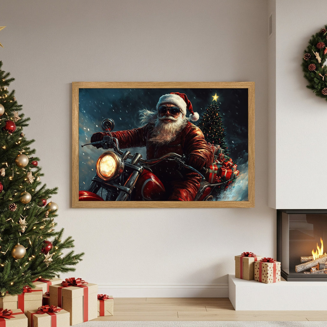 Framed Poster featuring Santa on a motorcycle, festive art with a red and gold color palette. Perfect Christmas decor!