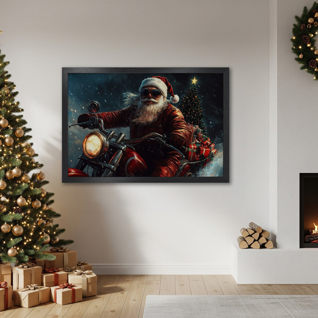 Framed Poster featuring Santa on a motorcycle, vibrant red & blue tones. Perfect Christmas decor! Shop now!