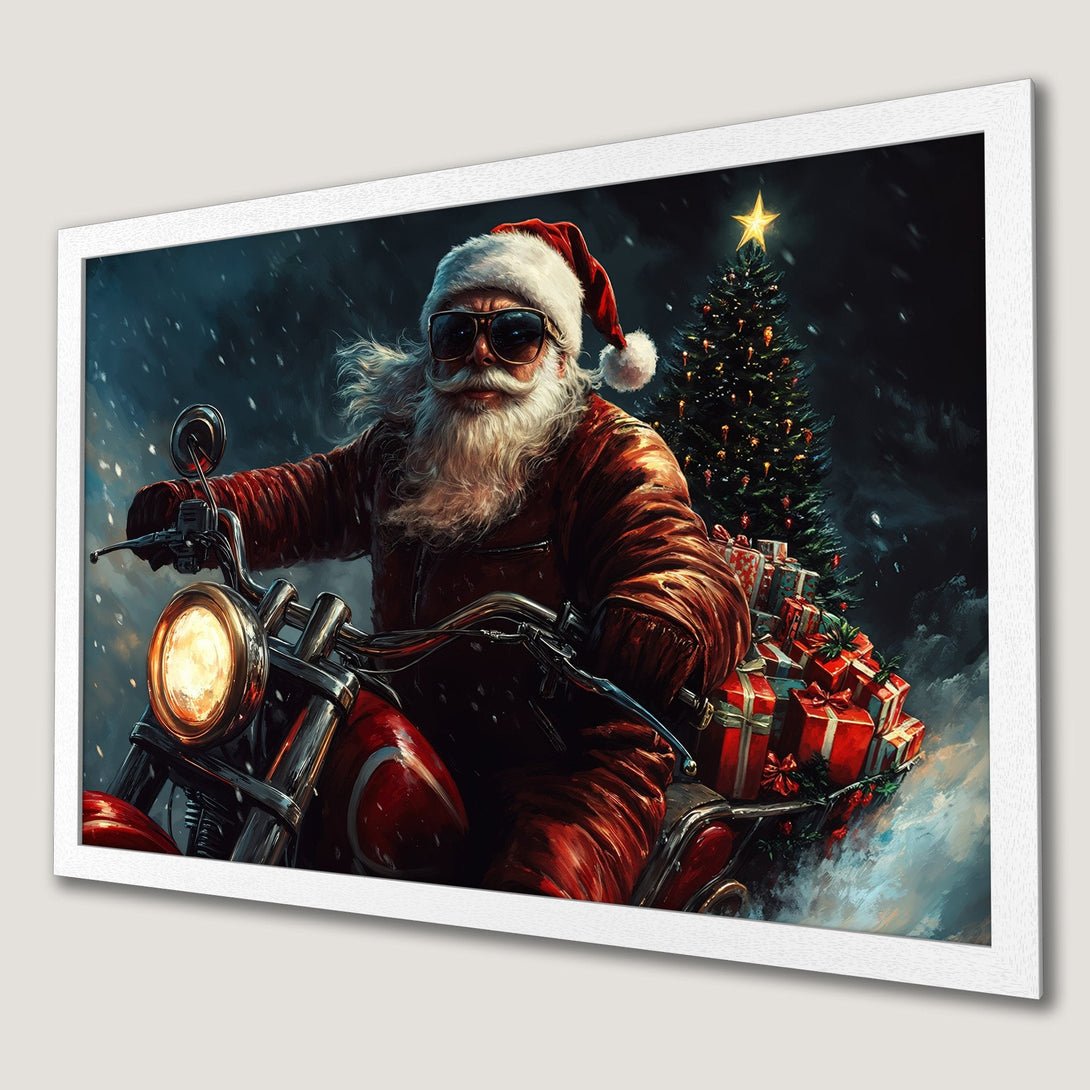 Framed Poster featuring Santa Claus on a motorcycle, with a Christmas tree. Artistic style with red, black, and white color palette. Perfect holiday decor!
