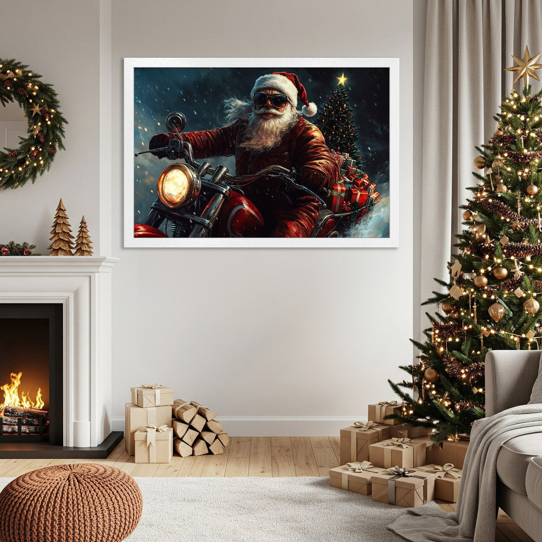 Framed Poster featuring Santa on a motorcycle, festive art in a cool, vibrant color palette. Perfect Christmas decor!