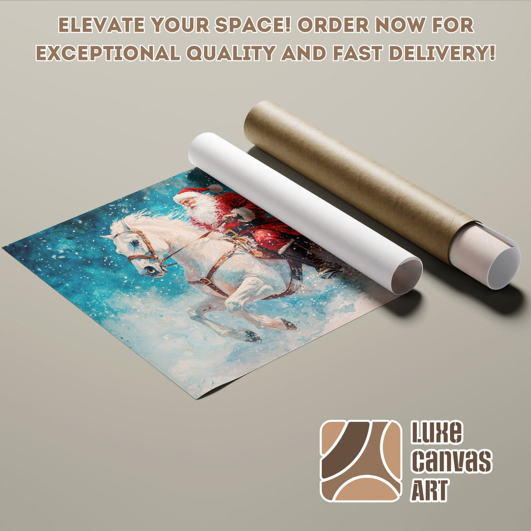 Santa on white horse poster roll, blue and white winter art. Order now!