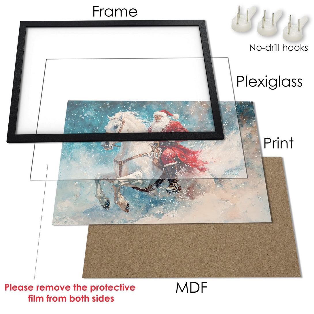 Framed Poster featuring Santa Claus on a white horse, artistic style with blue, red, and white color palette. Perfect Christmas decor!
