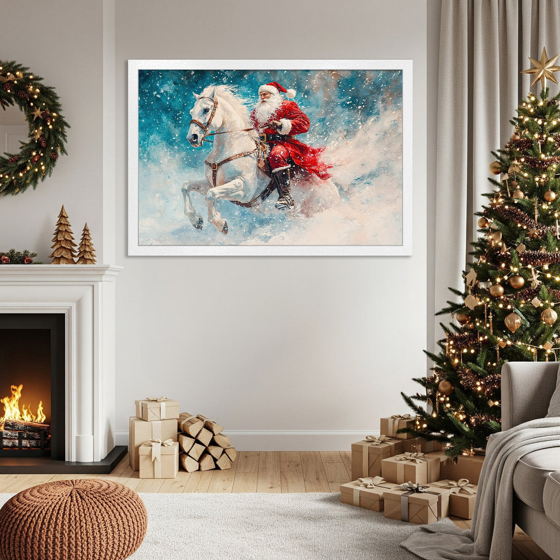 Framed Poster featuring Santa Claus on a white horse, snowy scene, vibrant red and blue palette, perfect Christmas decor.
