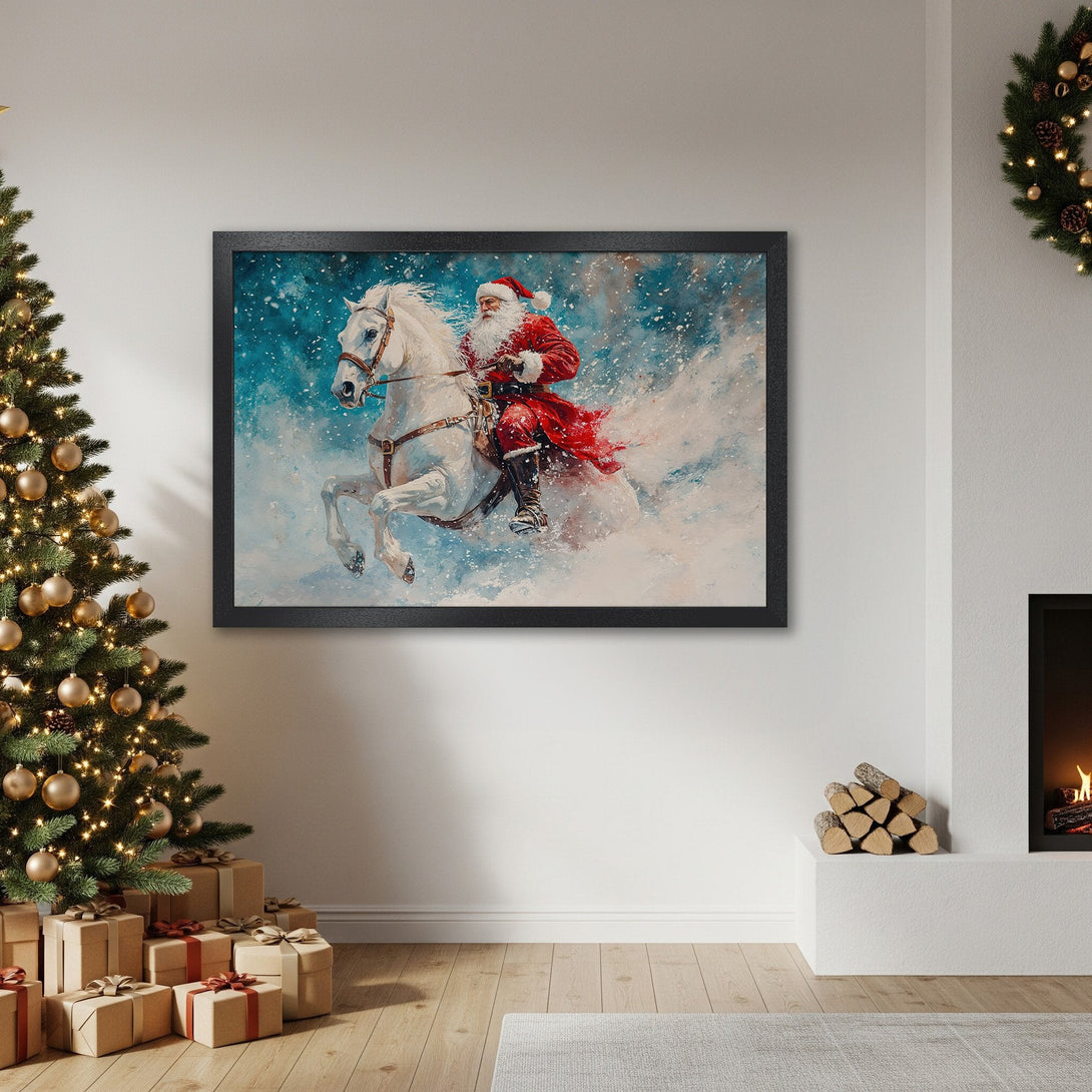 Framed Poster of Santa Claus on a white horse, artistic style with red and blue tones, perfect Christmas decor.