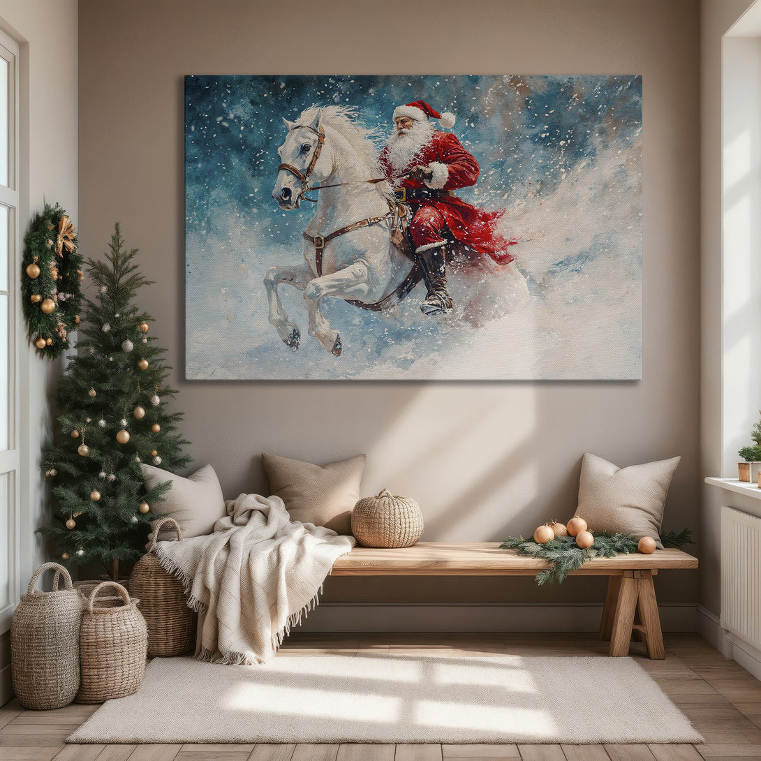 Framed Wall Art: Santa Claus riding a white horse in a wintery scene. Festive red, blue, and white palette. Perfect Christmas decor!