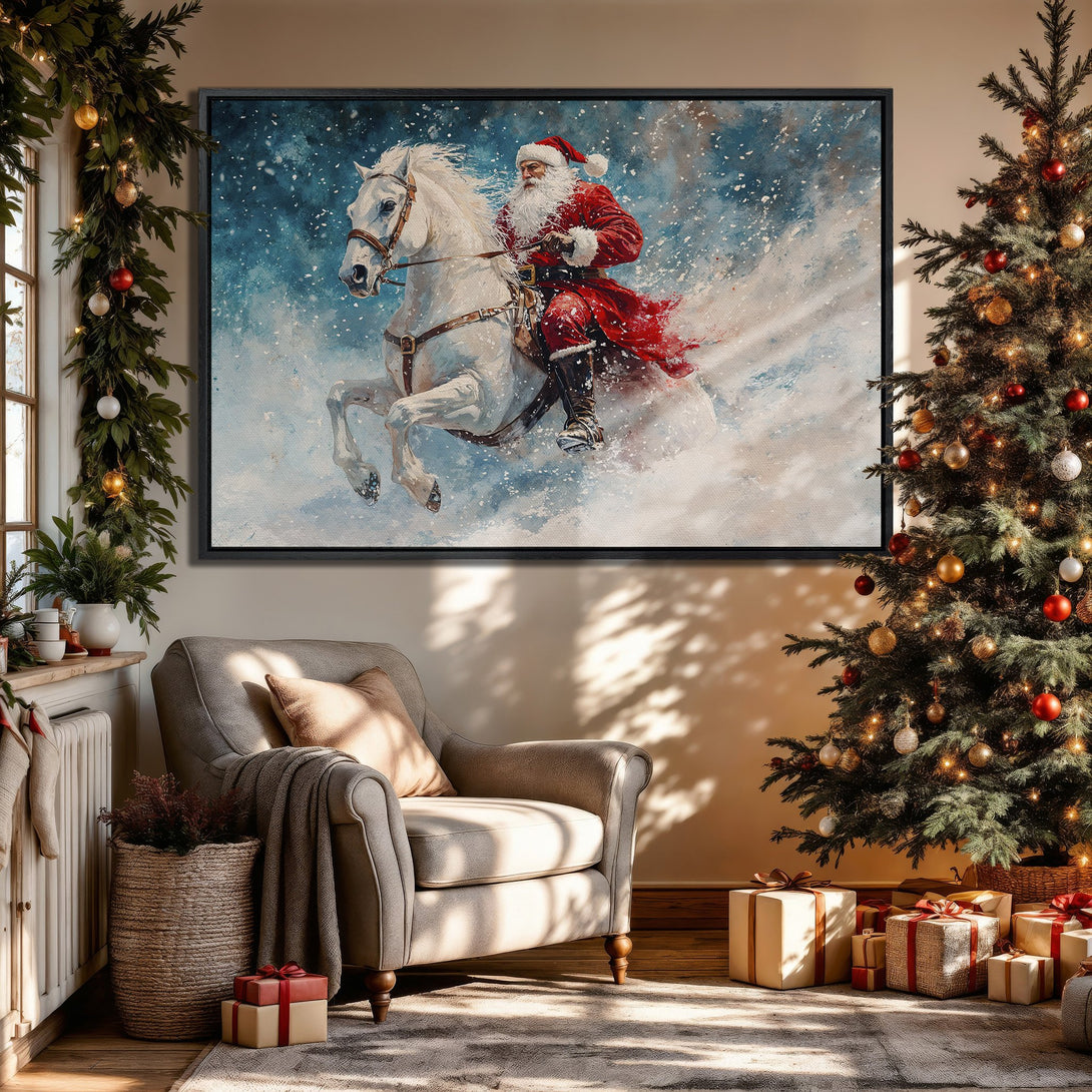 Framed Wall Art: Santa Claus on a white horse in a winter scene. Festive red, blue, and white color palette. Perfect Christmas decor for your home.