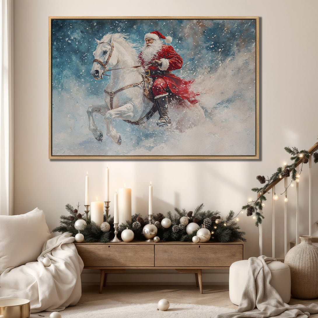 Framed Wall Art: Santa Claus on a white horse in a winter scene. Festive painting with a blue, red, and white color palette, perfect for Christmas decor.
