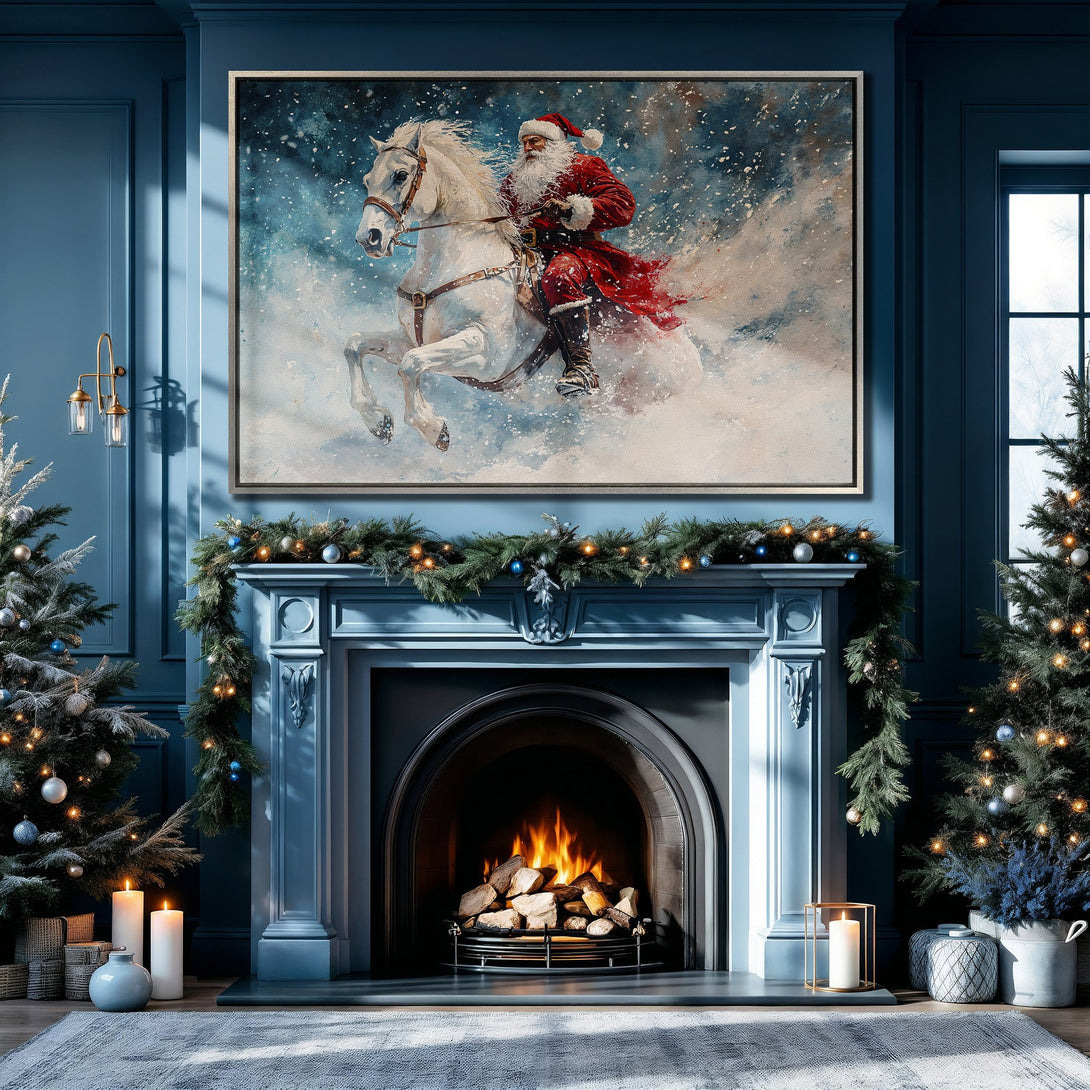 Framed Wall Art: Santa Claus riding a white horse in a snowy scene. Festive holiday decor with a blue and red color palette, perfect for Christmas.
