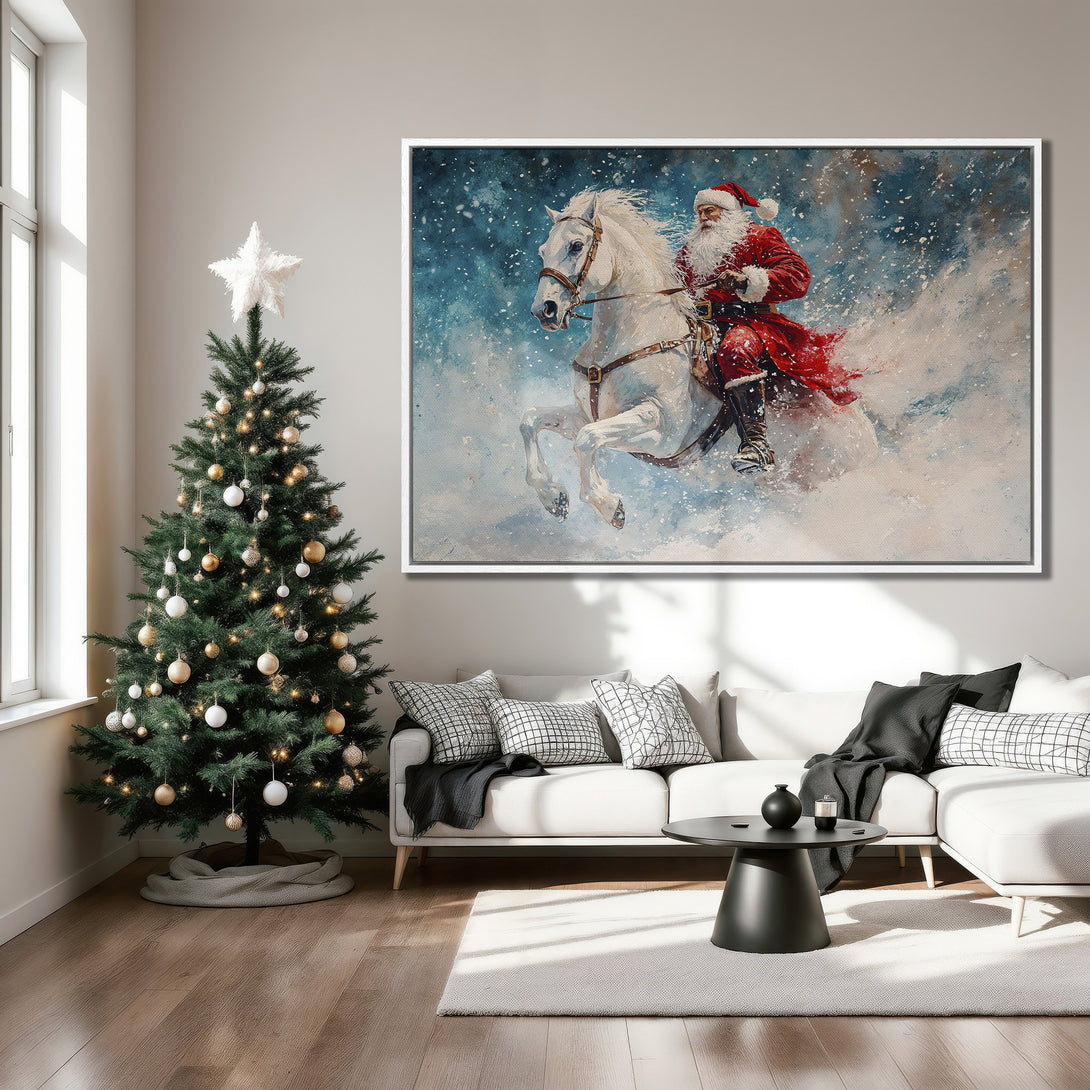 Framed Wall Art: Santa Claus on a white horse in a snowy scene. Festive holiday decor with a blue, red, and white color palette. Perfect Christmas gift!