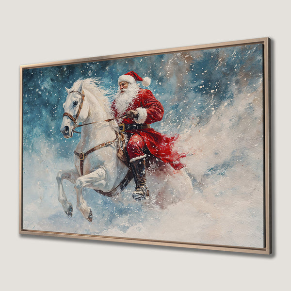 Framed Wall Art: Santa Claus riding a white horse through a winter wonderland. Artistic style with red, blue, and white color palette. Perfect Christmas decor!