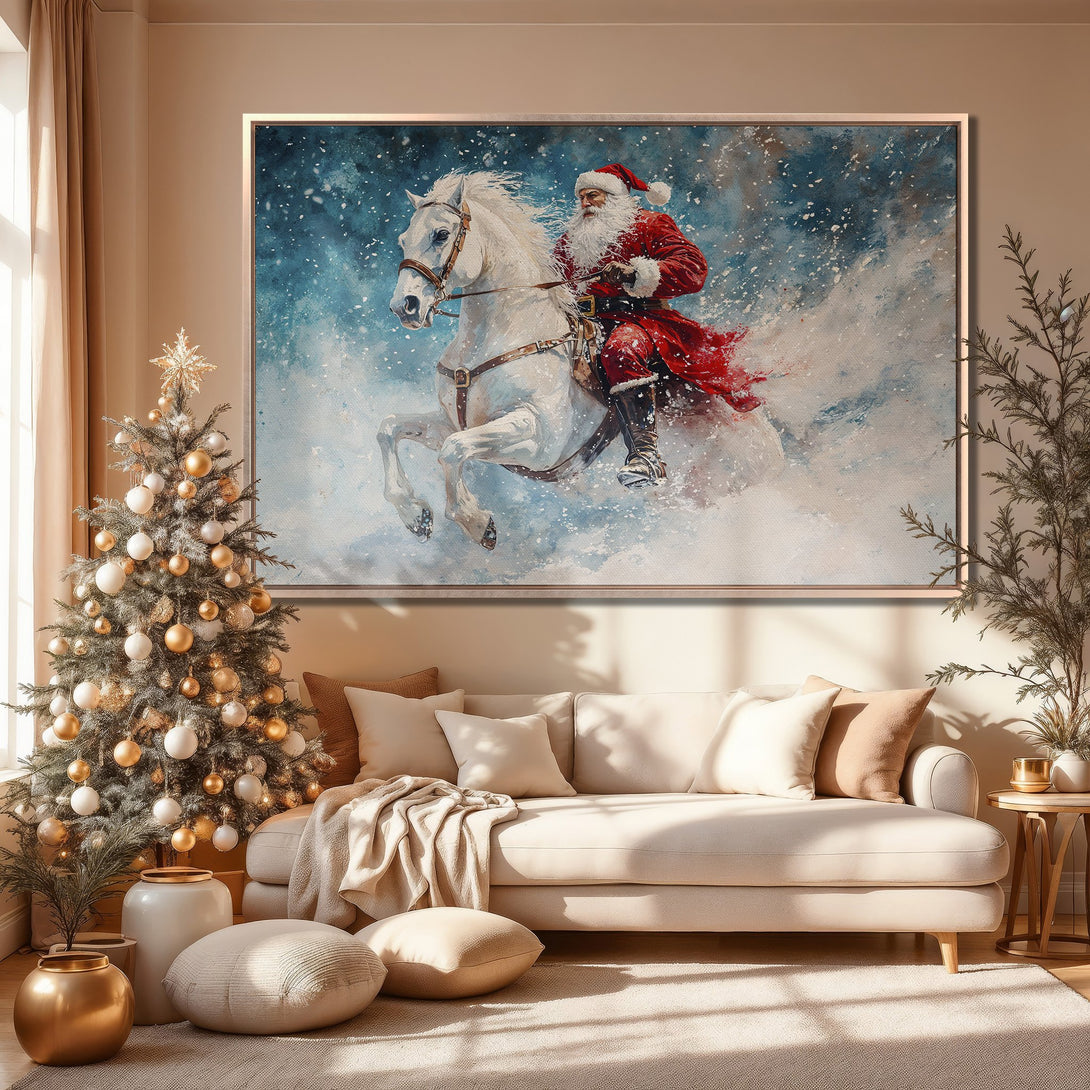Framed Wall Art: Santa Claus on a white horse in a winter scene. Festive canvas print with red, blue, and white color palette, perfect for Christmas decor.