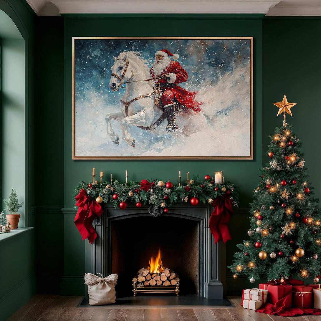 Framed Wall Art: Santa Claus on horseback in a winter scene. Festive painting with a red, white, and blue color palette, perfect for Christmas decor.