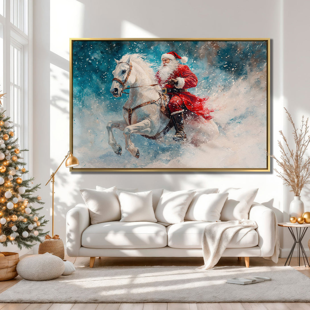 Canvas Print of Santa Claus on a white horse in a snowy scene. Festive wall art with a red, white, and blue color palette.