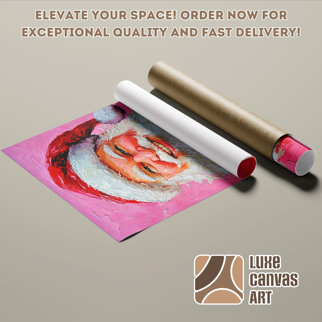 Santa Claus Poster Roll, vibrant oil painting style with pink, red, and white color palette. Order now!