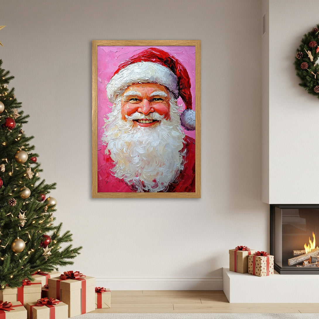 Framed Poster of Santa Claus, oil painting style, vibrant red and pink palette, perfect Christmas decor.