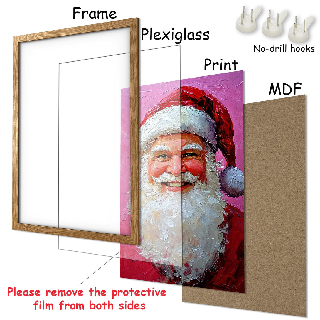 Framed Poster featuring Santa Claus in a vibrant, impressionistic style with a red and pink color palette. Perfect Christmas decor!