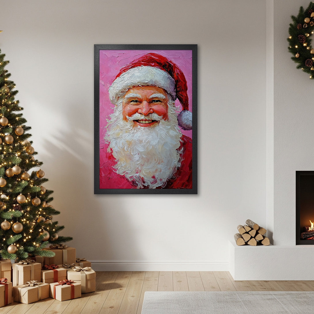 Framed Poster of Santa Claus in a vibrant, impressionistic style with a pink and red color palette, perfect for Christmas decor.