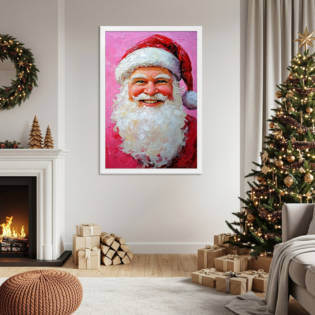 Framed Poster of Santa Claus, oil painting style, red and pink color palette, perfect Christmas decor.