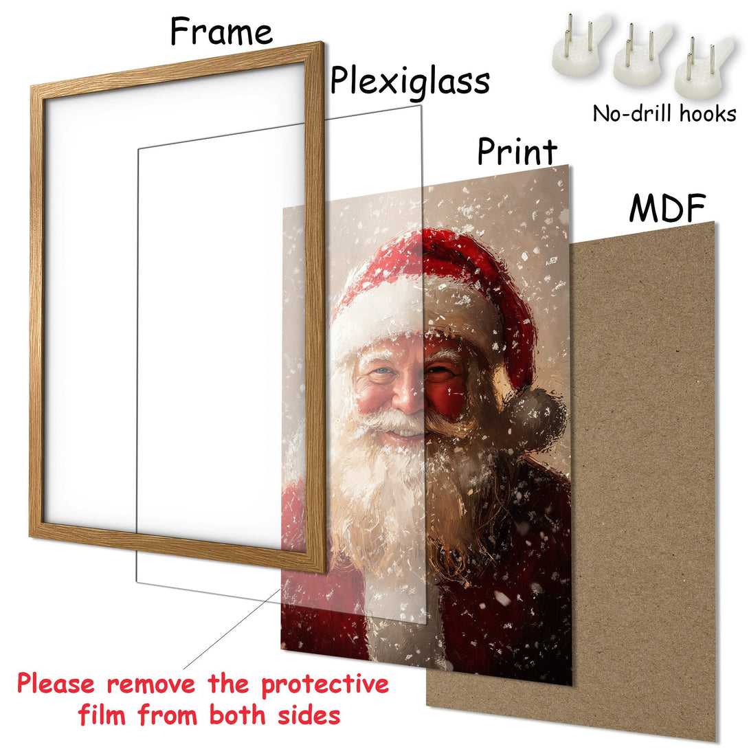 Framed Poster featuring Santa Claus in a festive, painterly style with a warm red and beige color palette. Perfect Christmas decor!