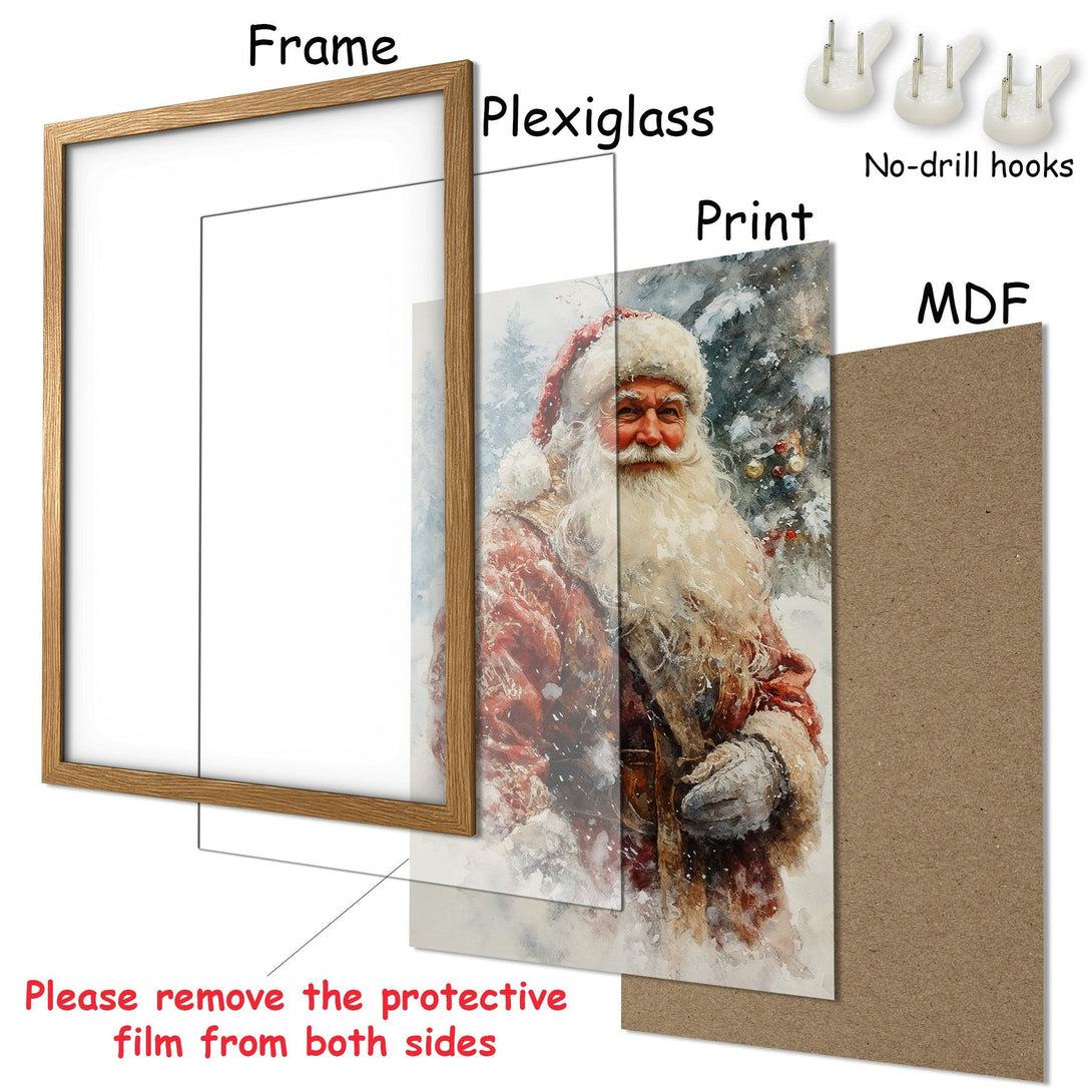 Framed Poster featuring Santa Claus in watercolor style with a warm, festive color palette. Perfect holiday decor!
