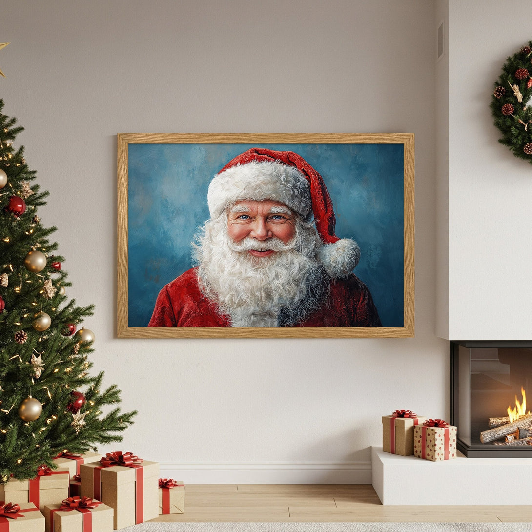 Framed Poster of Santa Claus in a classic style, featuring a red and blue color palette, perfect for Christmas decor.