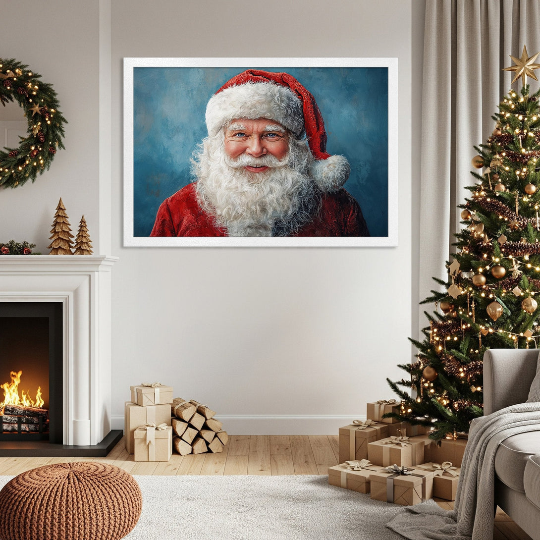 Framed Poster of Santa Claus in red and white against a blue background, perfect Christmas decor.