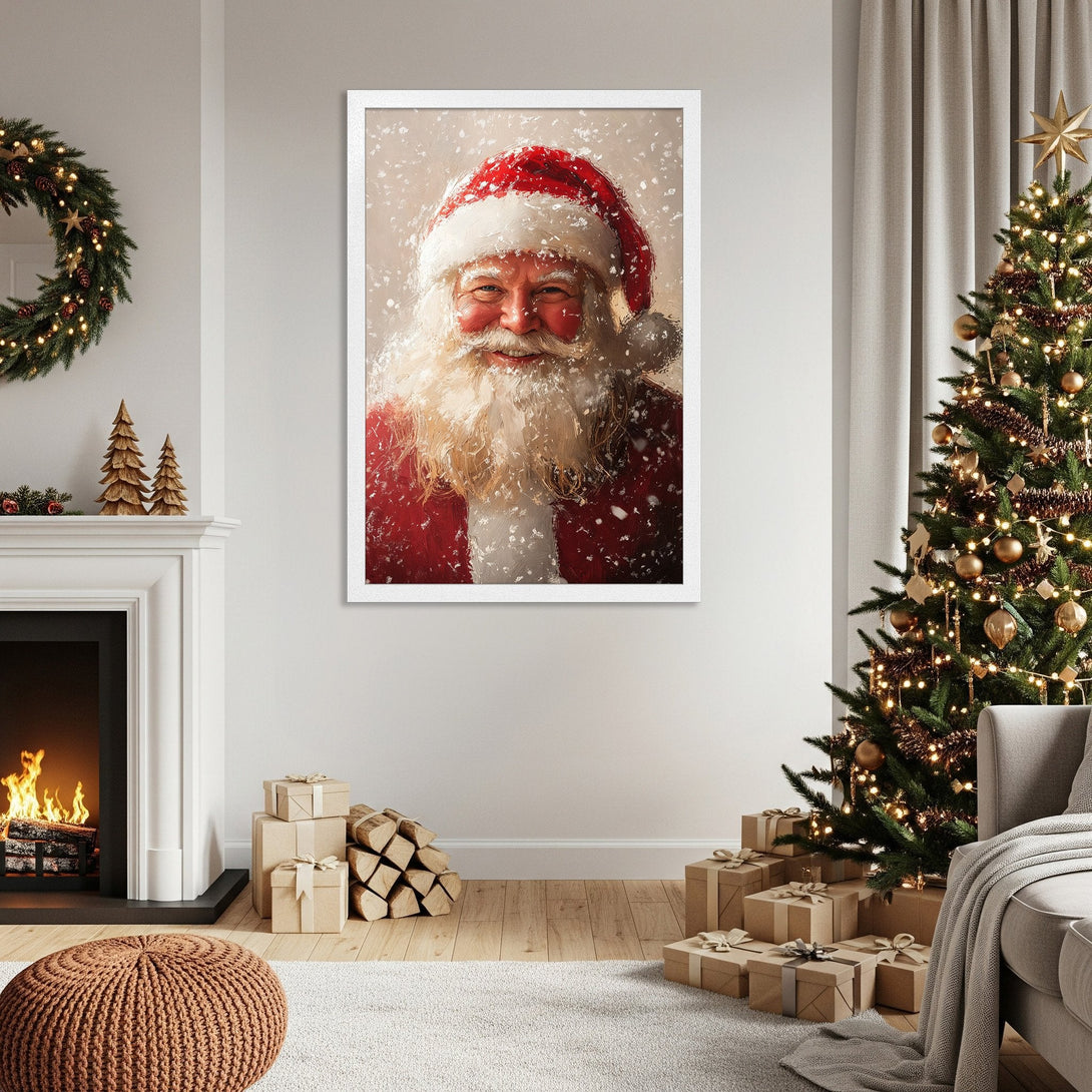 Framed Poster of Santa Claus in a cozy, festive setting. Warm red, white, and neutral tones for a classic Christmas vibe.