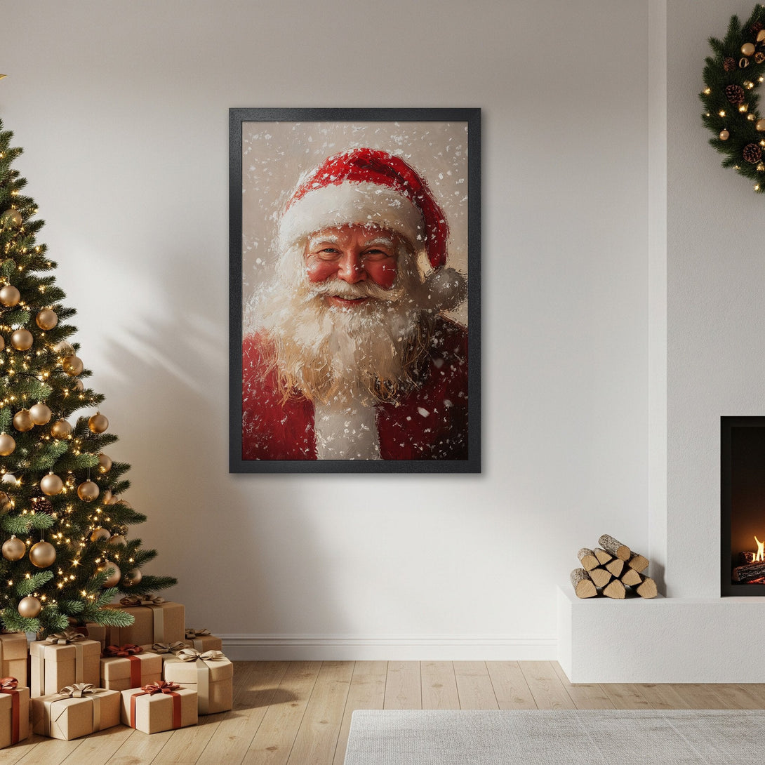 Framed Poster featuring Santa Claus in a snowy scene. Perfect Christmas decor! Warm red and white palette, artistic style.
