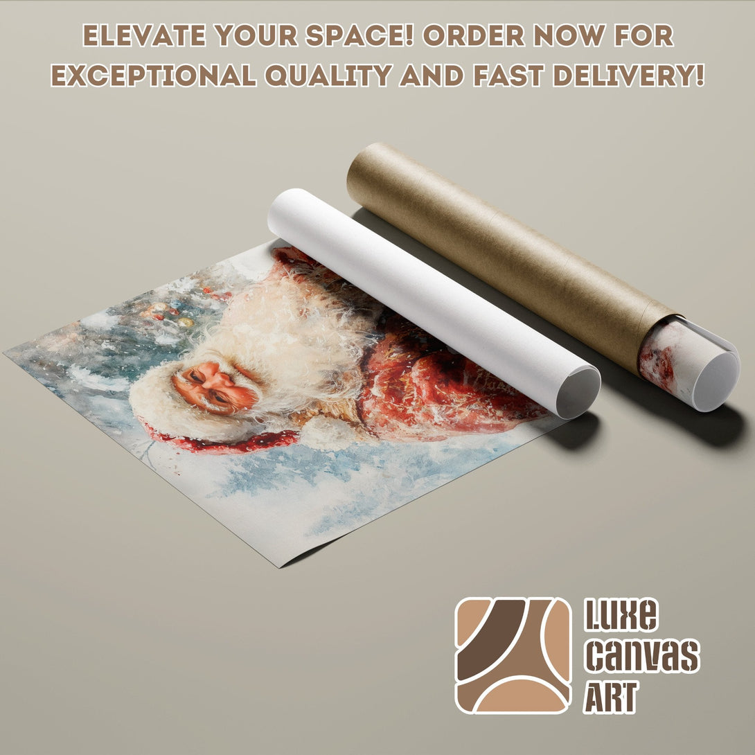 Santa Claus Poster Roll, watercolor style, with red, white, and blue tones. Order now for fast delivery!