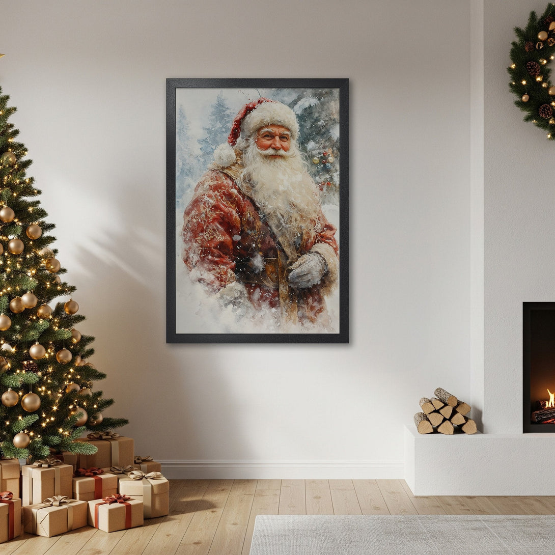 Framed Poster of Santa Claus in watercolor style, warm red and white tones, perfect Christmas decor.
