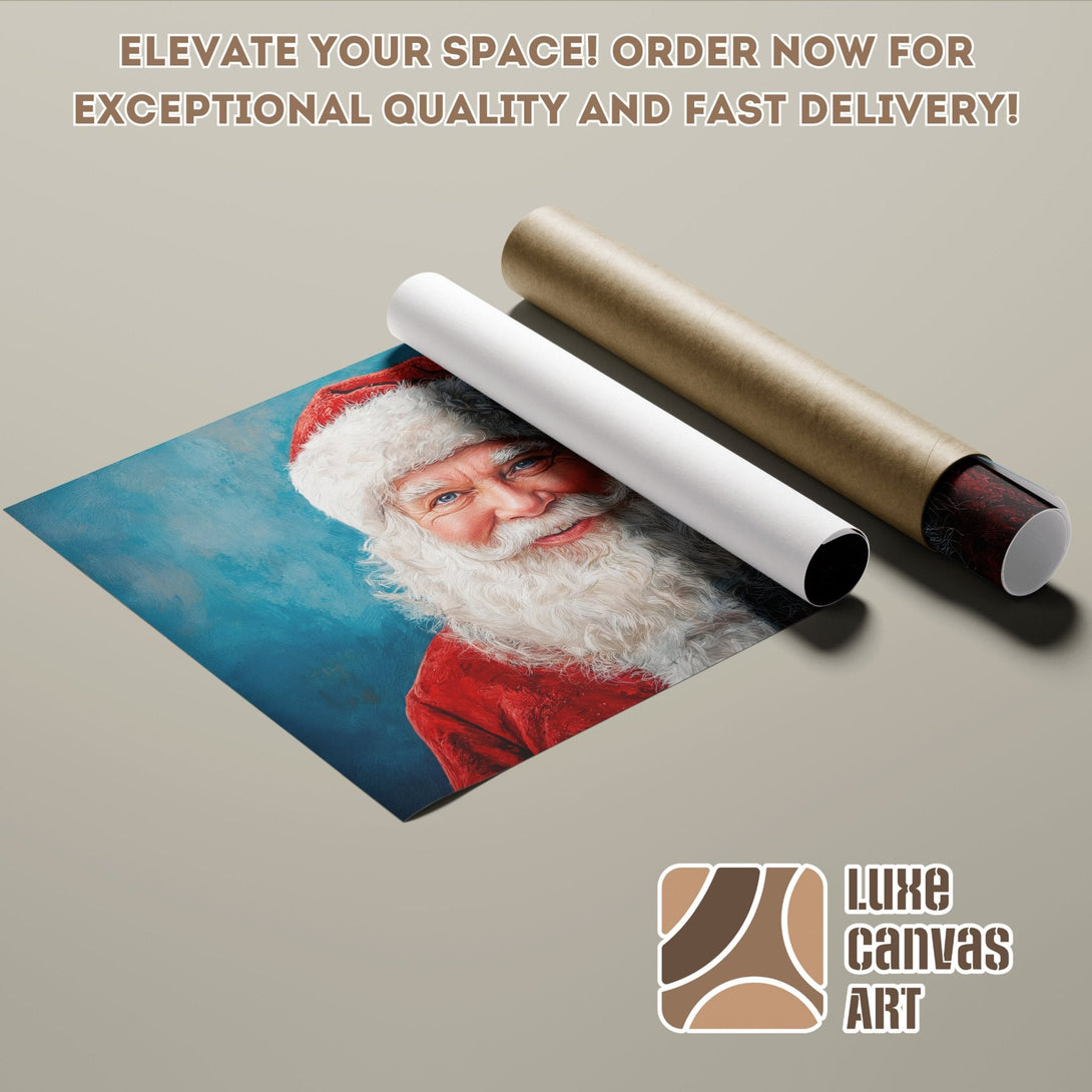 Santa Claus Poster Roll, vibrant portrait art with blue, red, and white color palette. Perfect Christmas decor!